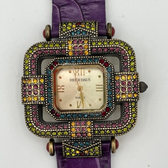 Heidi Daus Accessories - Heidi Daus Leather Purple Art Deco Swarovski Crystal Watch B7978 New Battery